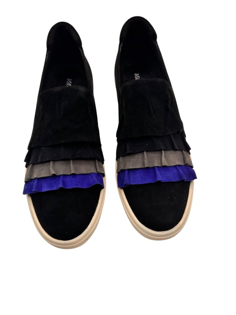 Vaneli 11M  Eli Sport Black Blue Suede Ruffle Detail Slip On Sneakers